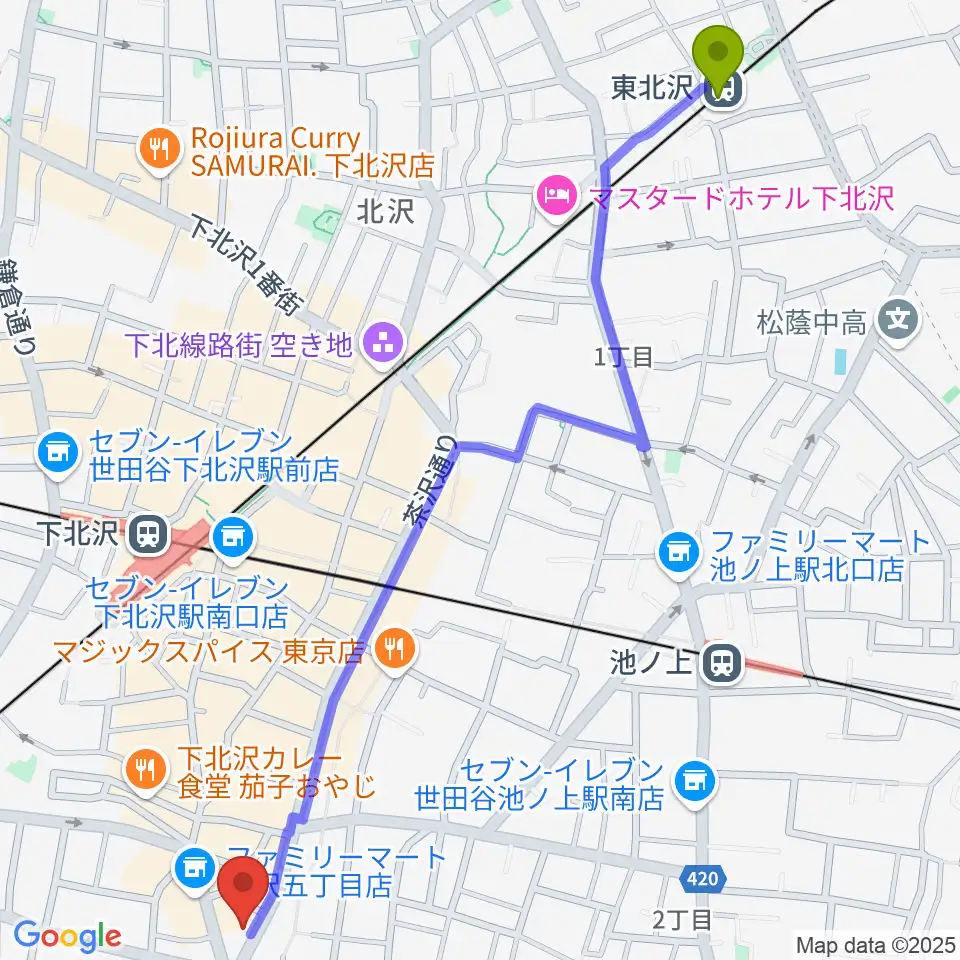 東北沢駅から下北沢ReGへのルートマップ地図