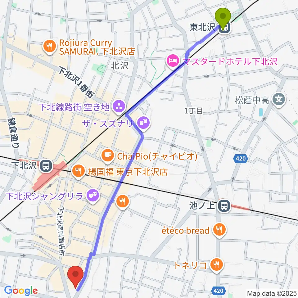 東北沢駅から下北沢ReGへのルートマップ地図