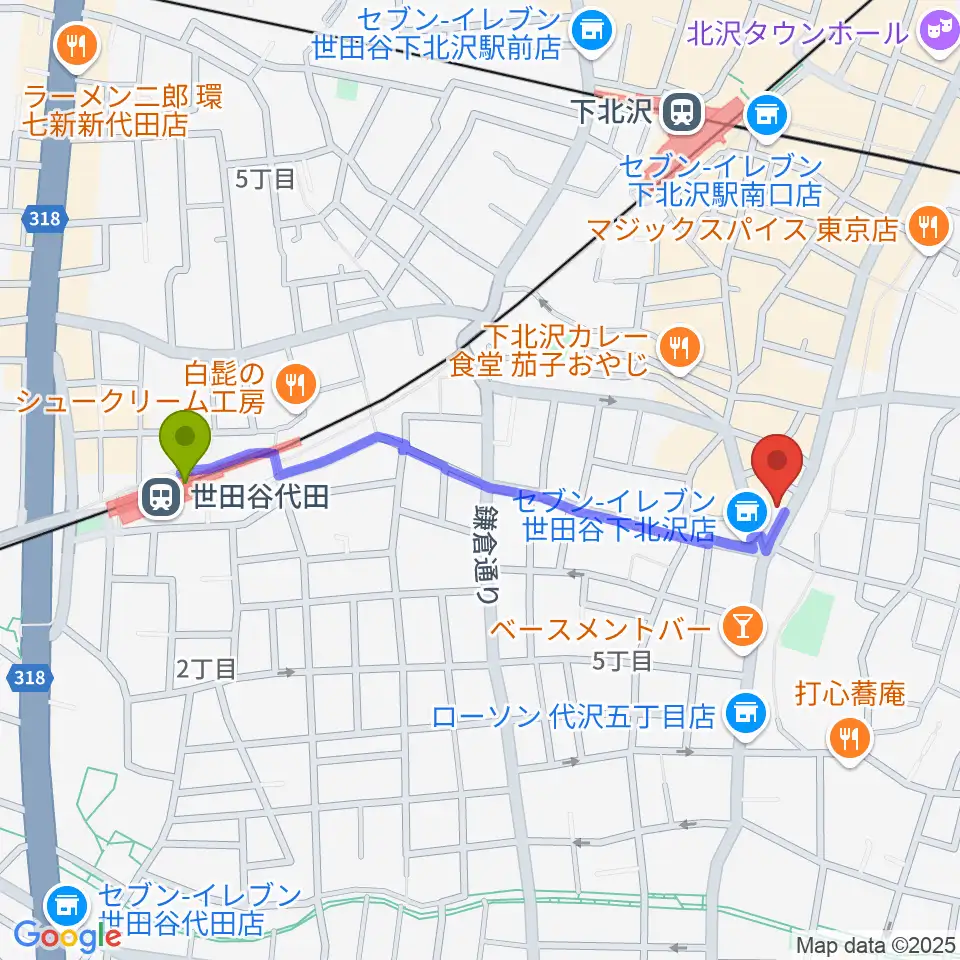 世田谷代田駅から下北沢ReGへのルートマップ地図