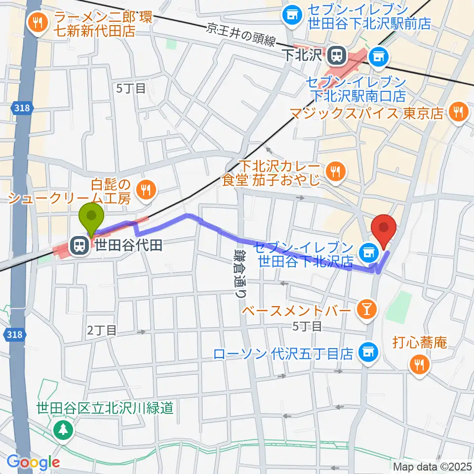世田谷代田駅から下北沢ReGへのルートマップ地図
