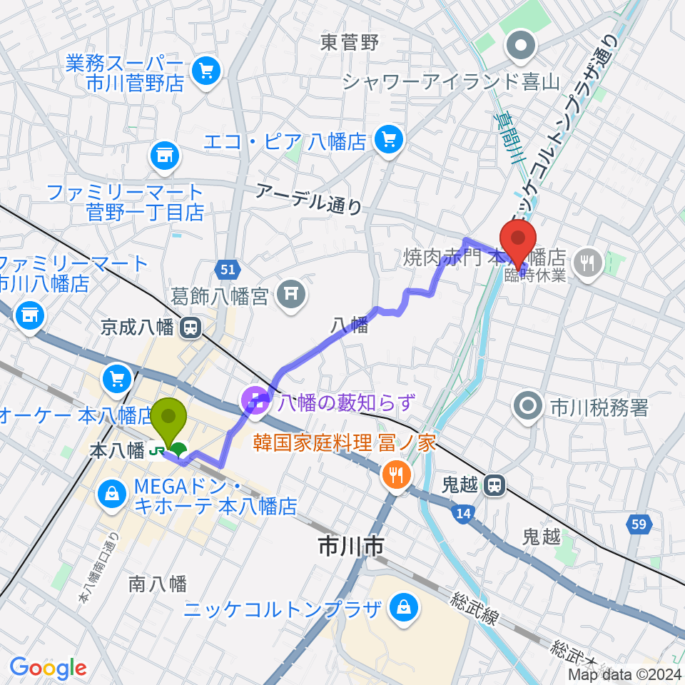 本八幡駅からちぐさピアノ教室へのルートマップ地図