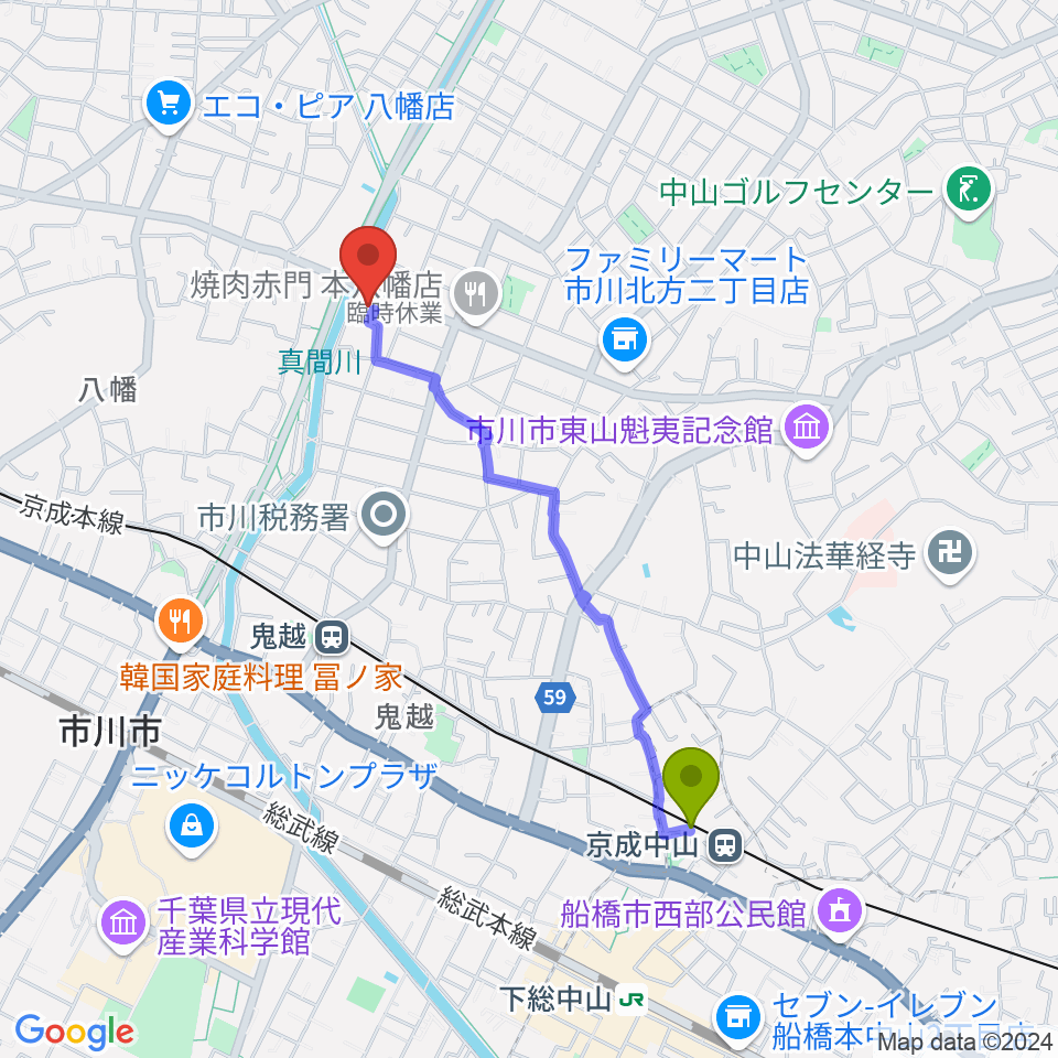 京成中山駅からちぐさピアノ教室へのルートマップ地図