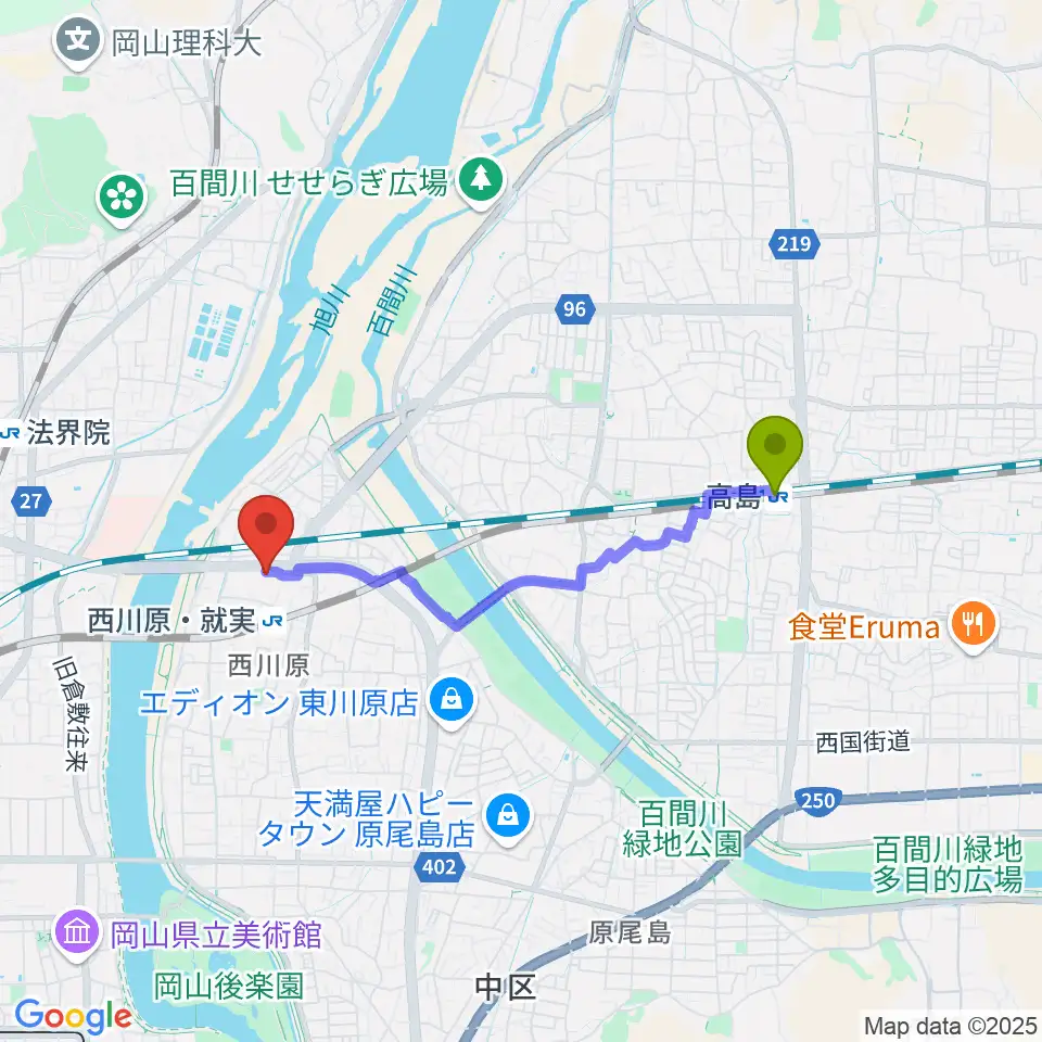 高島駅からトリノス 西川原スタジオへのルートマップ地図
