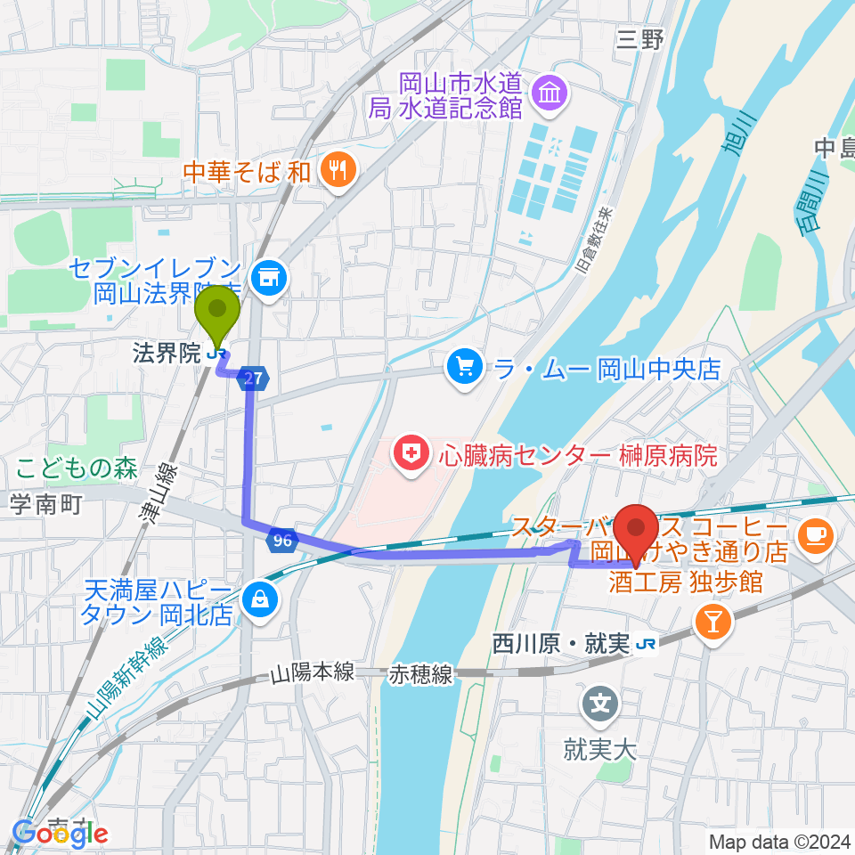 法界院駅からTORINOS トリノス　へのルートマップ地図