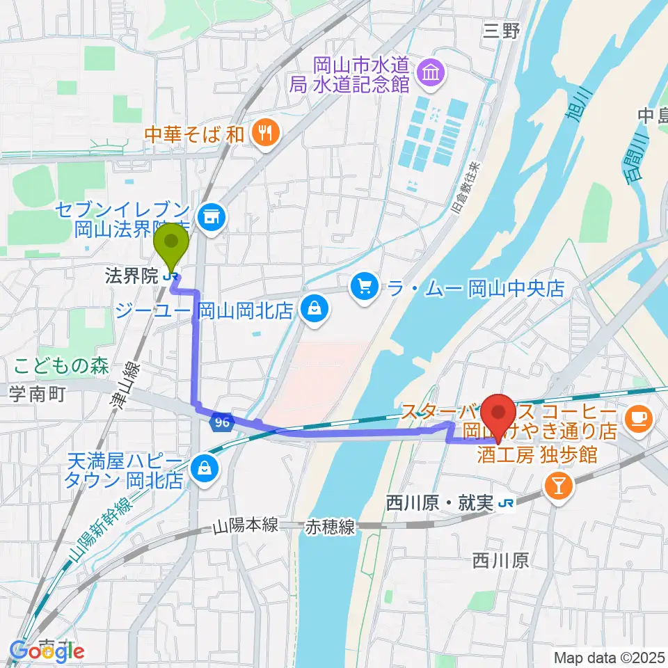 法界院駅からトリノス 西川原スタジオへのルートマップ地図