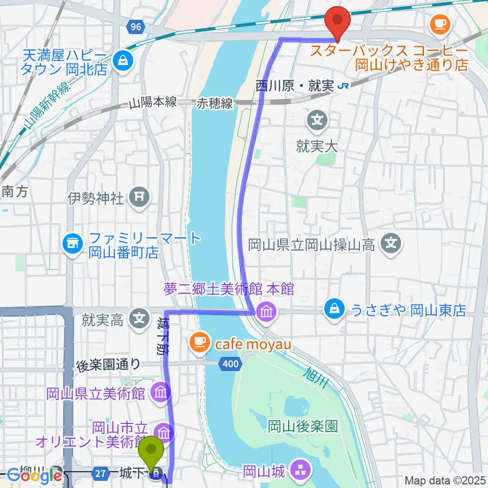 城下駅からTORINOS トリノス　へのルートマップ地図