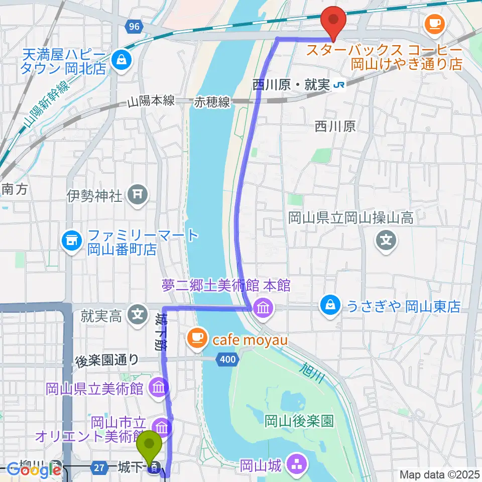 城下駅からトリノス 西川原スタジオへのルートマップ地図