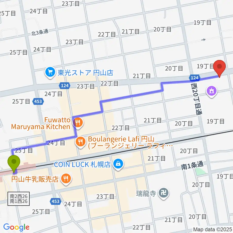 円山公園駅から音楽教室カンタービレへのルートマップ地図