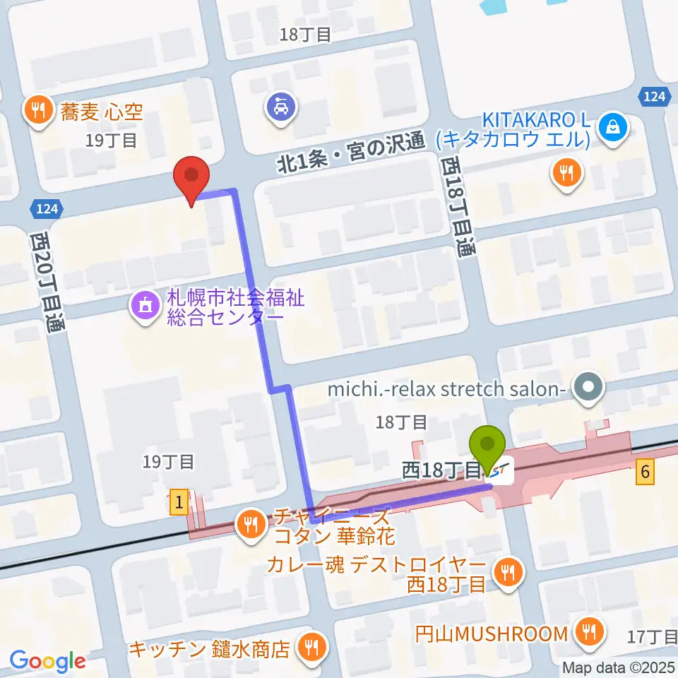 音楽教室カンタービレの最寄駅西１８丁目駅からの徒歩ルート（約4分）地図