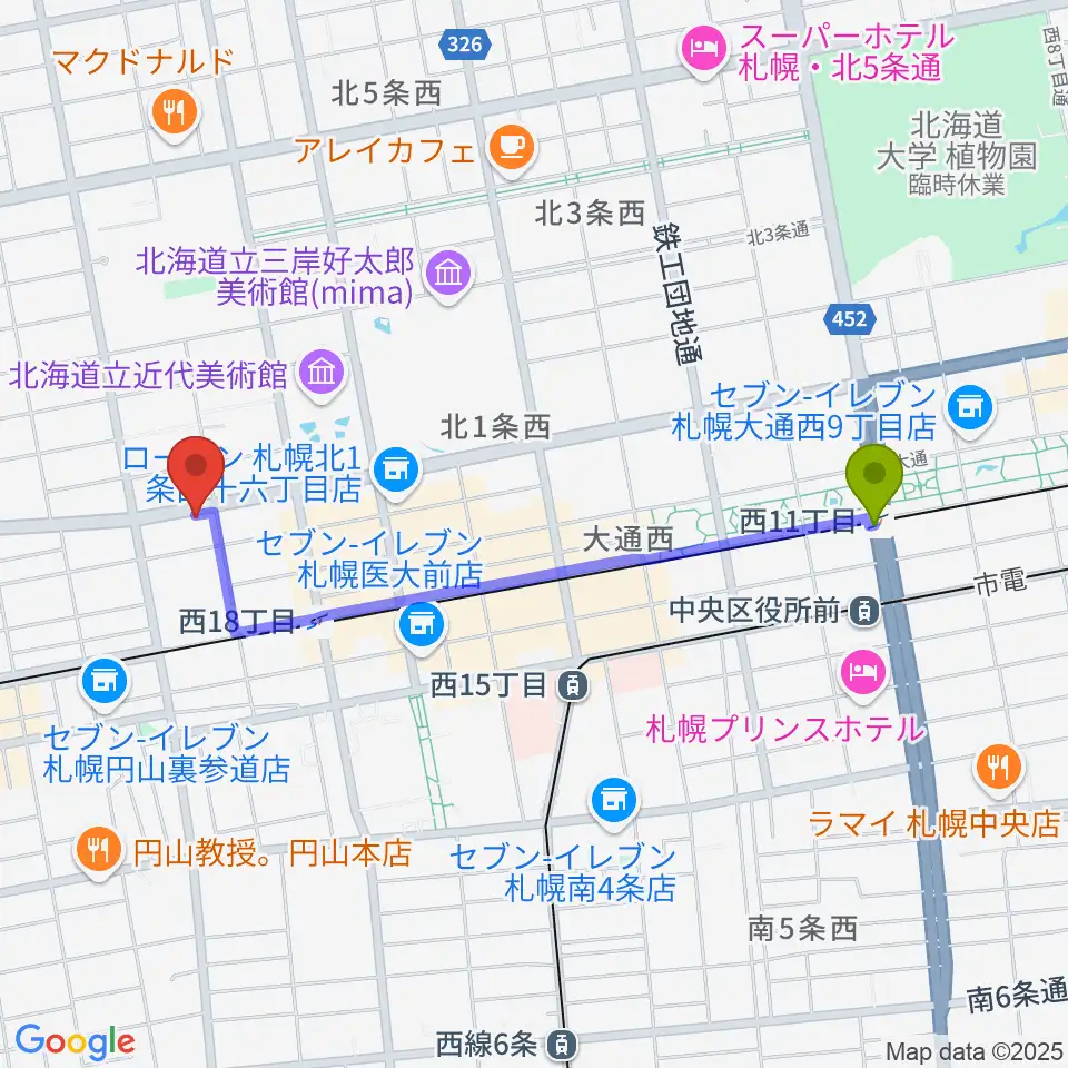 西１１丁目駅から音楽教室カンタービレへのルートマップ地図