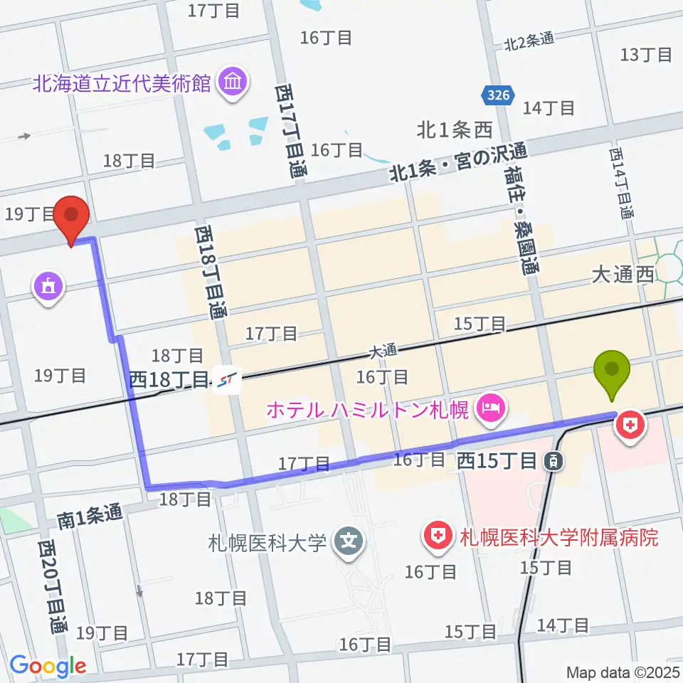 西１５丁目駅から音楽教室カンタービレへのルートマップ地図