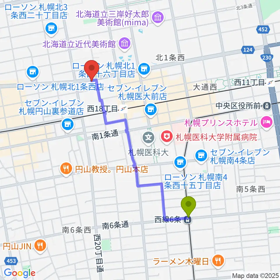 西線６条駅から音楽教室カンタービレへのルートマップ地図