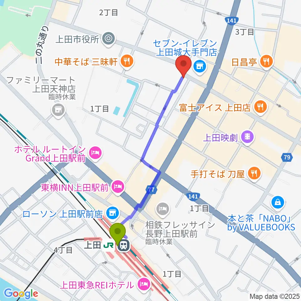 MY楽器の最寄駅上田駅からの徒歩ルート（約9分）地図