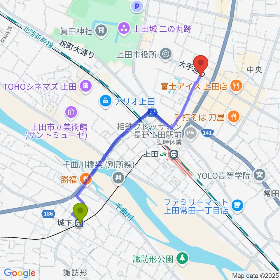 城下駅からMY楽器へのルートマップ地図