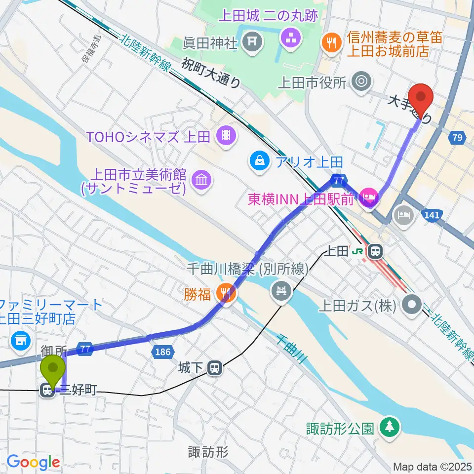 三好町駅からMY楽器へのルートマップ地図