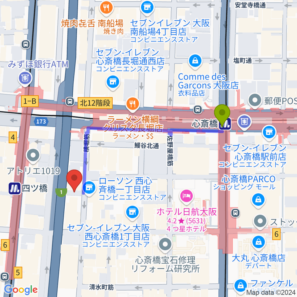 心斎橋駅からVocal Space Bへのルートマップ地図