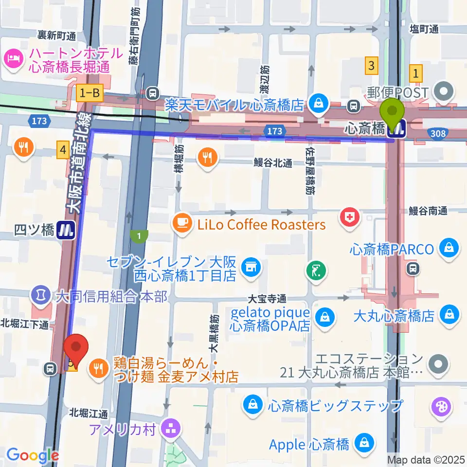 心斎橋駅からVocal Space Bへのルートマップ地図