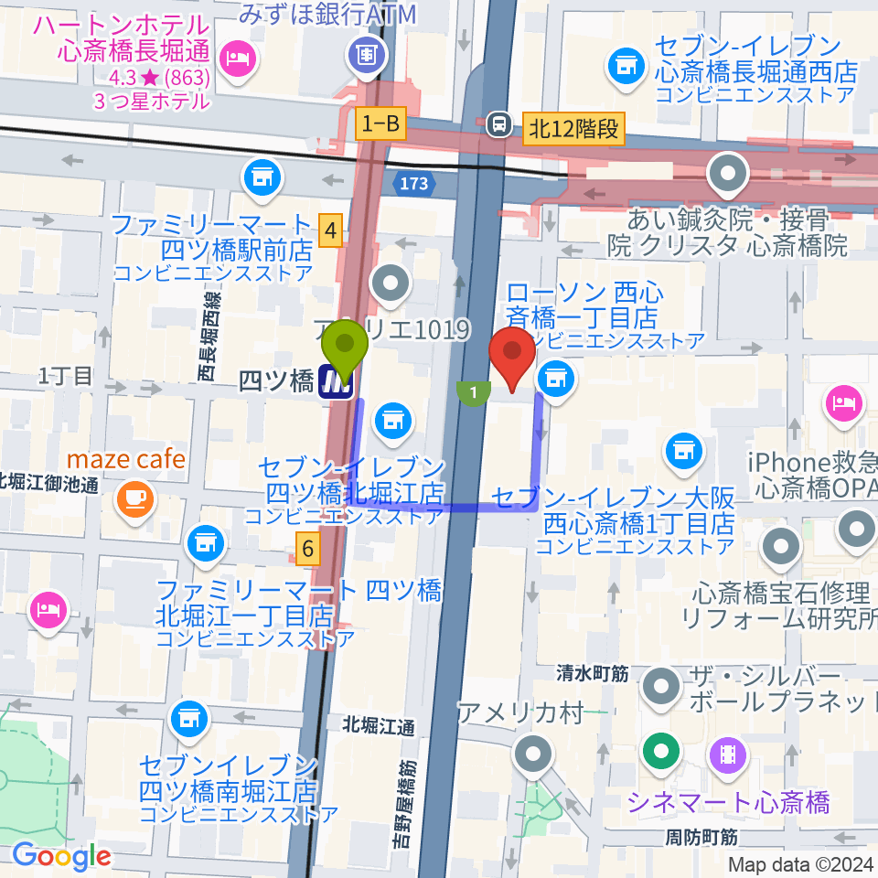 Vocal Space Bの最寄駅四ツ橋駅からの徒歩ルート（約2分）地図