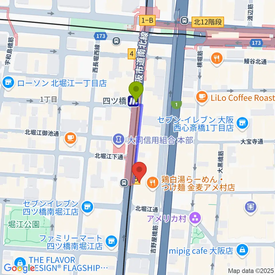 Vocal Space Bの最寄駅四ツ橋駅からの徒歩ルート（約2分）地図