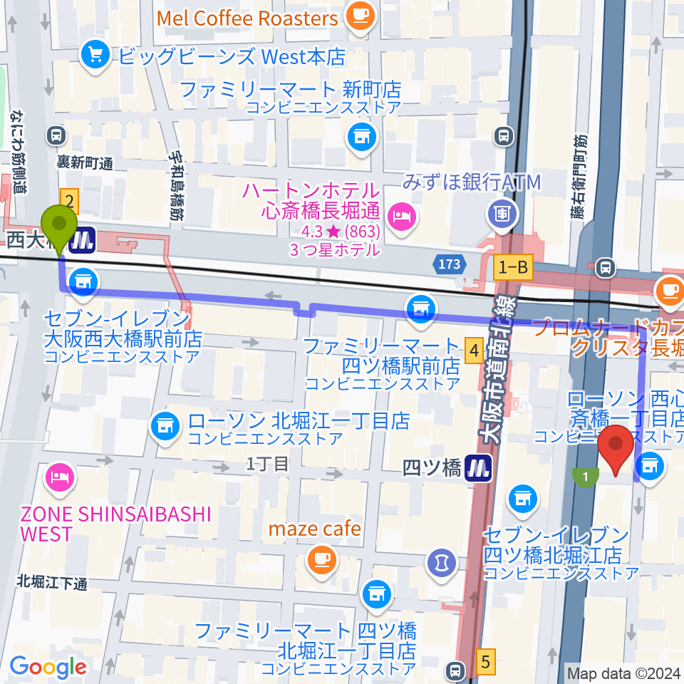 西大橋駅からVocal Space Bへのルートマップ地図