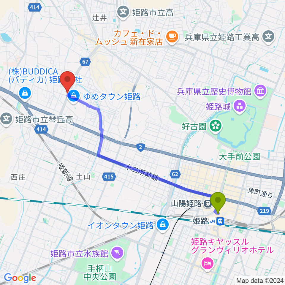 姫路駅からピア音楽院へのルートマップ地図