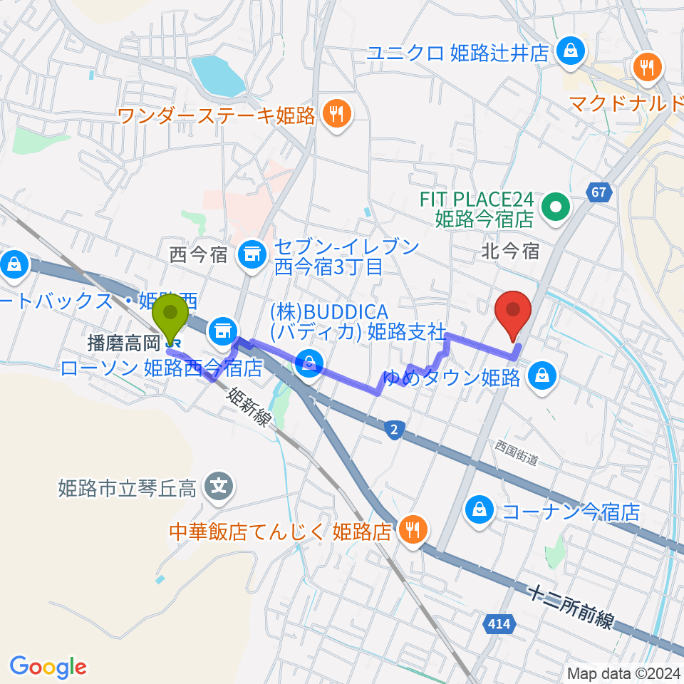 ピア音楽院の最寄駅播磨高岡駅からの徒歩ルート（約16分）地図