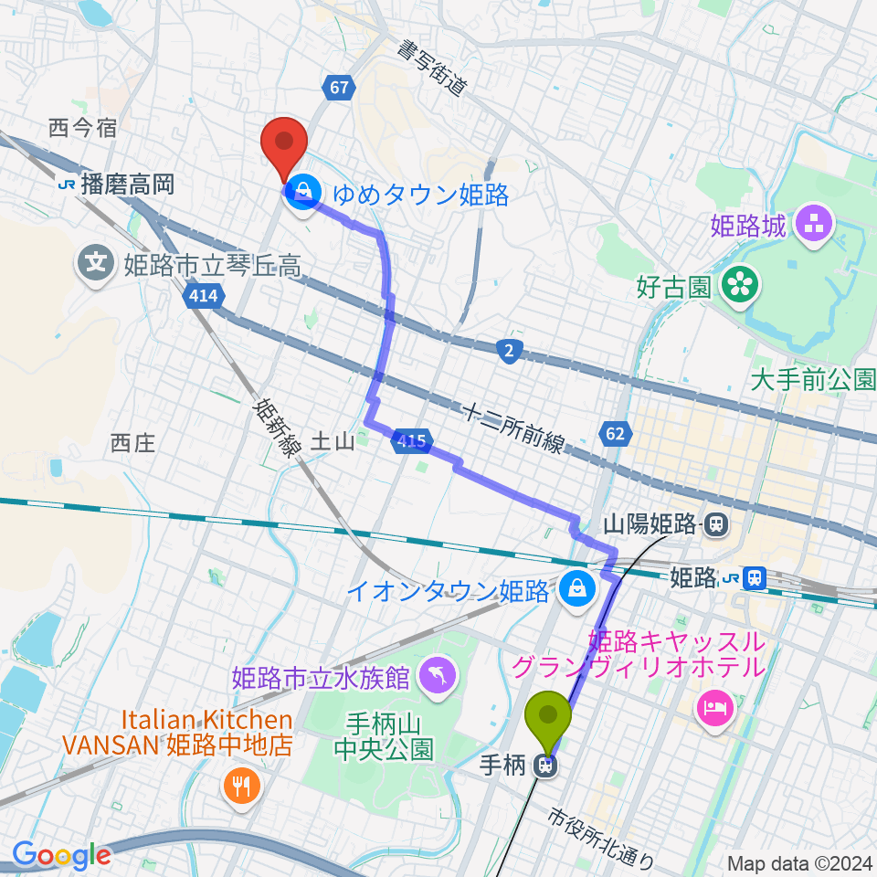 手柄駅からピア音楽院へのルートマップ地図