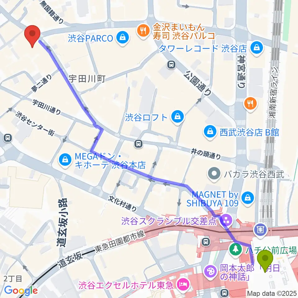 サウンドスクランブルの最寄駅渋谷駅からの徒歩ルート（約8分）地図