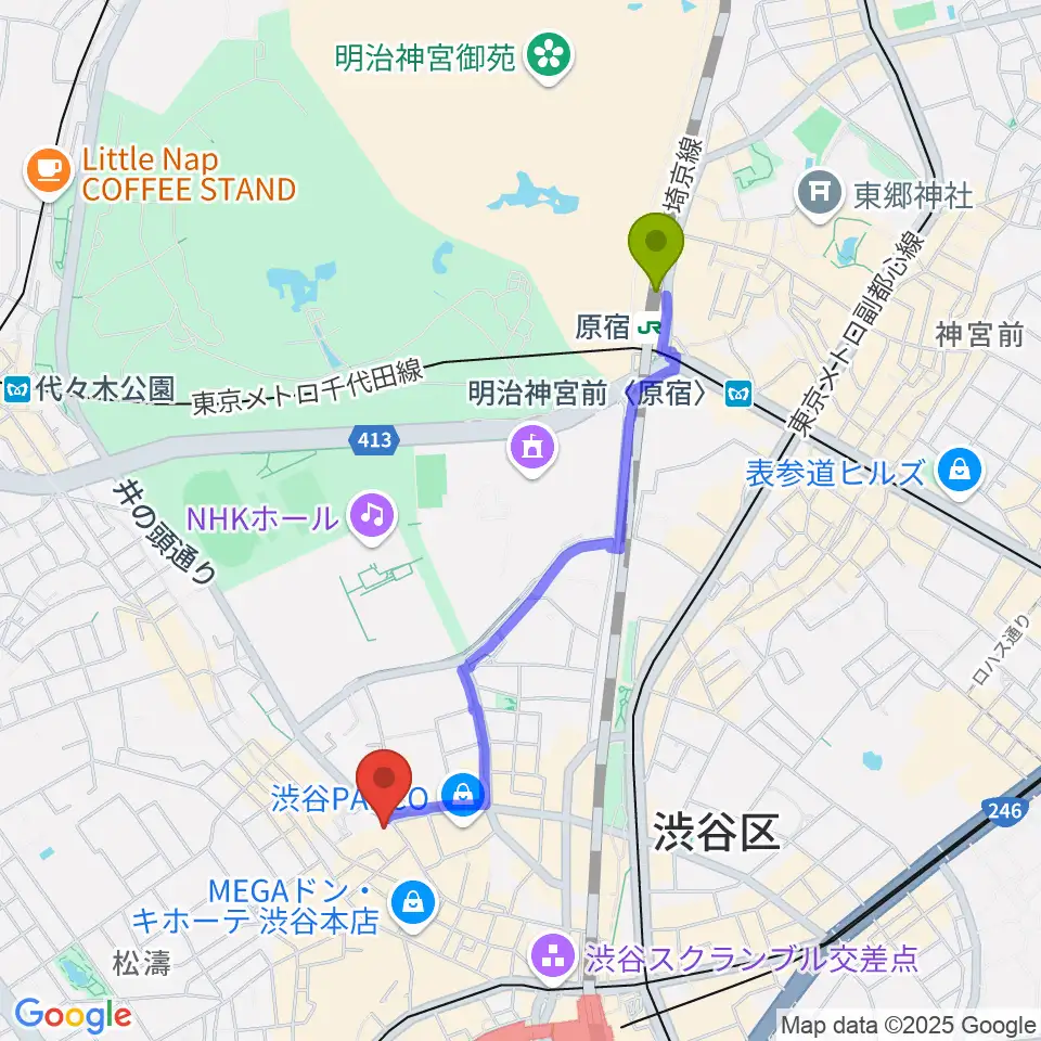 原宿駅からサウンドスクランブルへのルートマップ地図