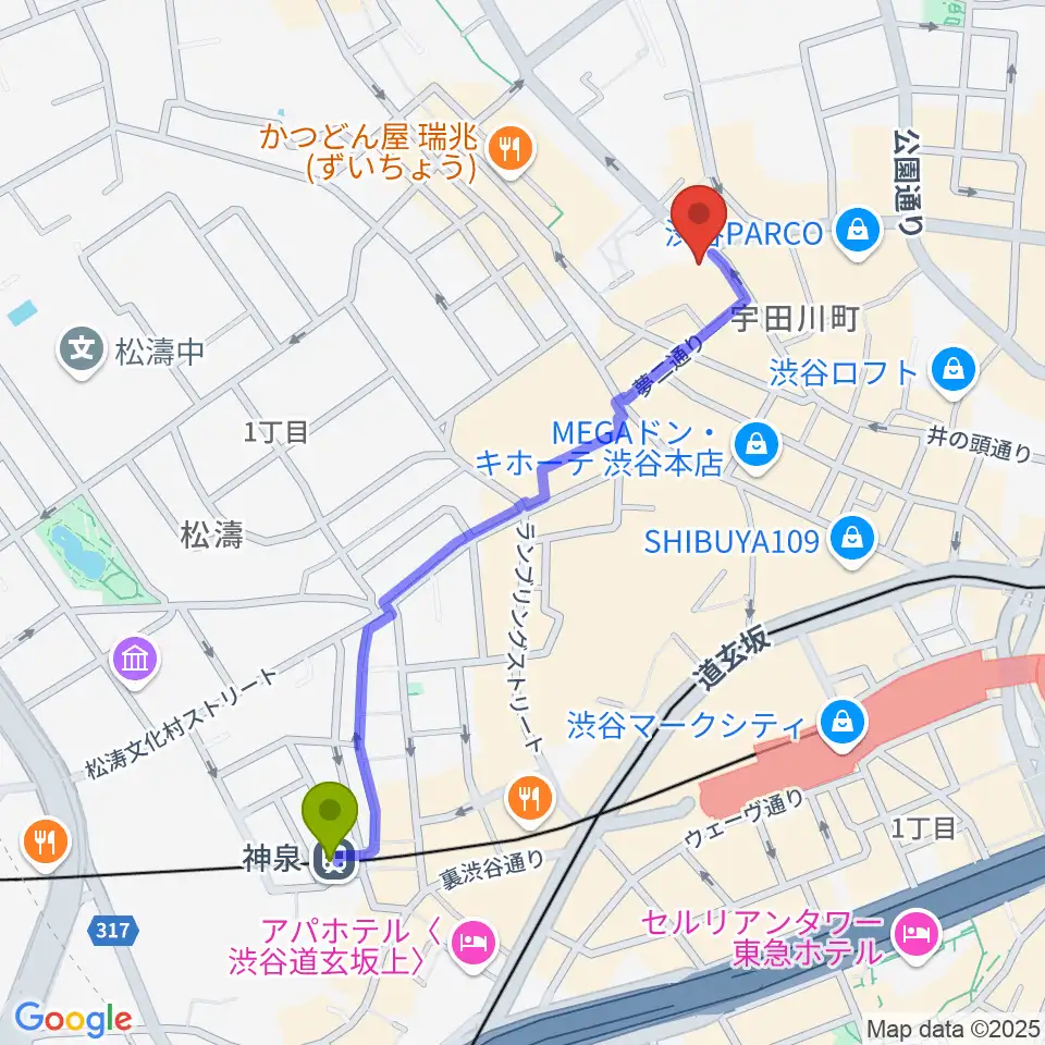 神泉駅からサウンドスクランブルへのルートマップ地図