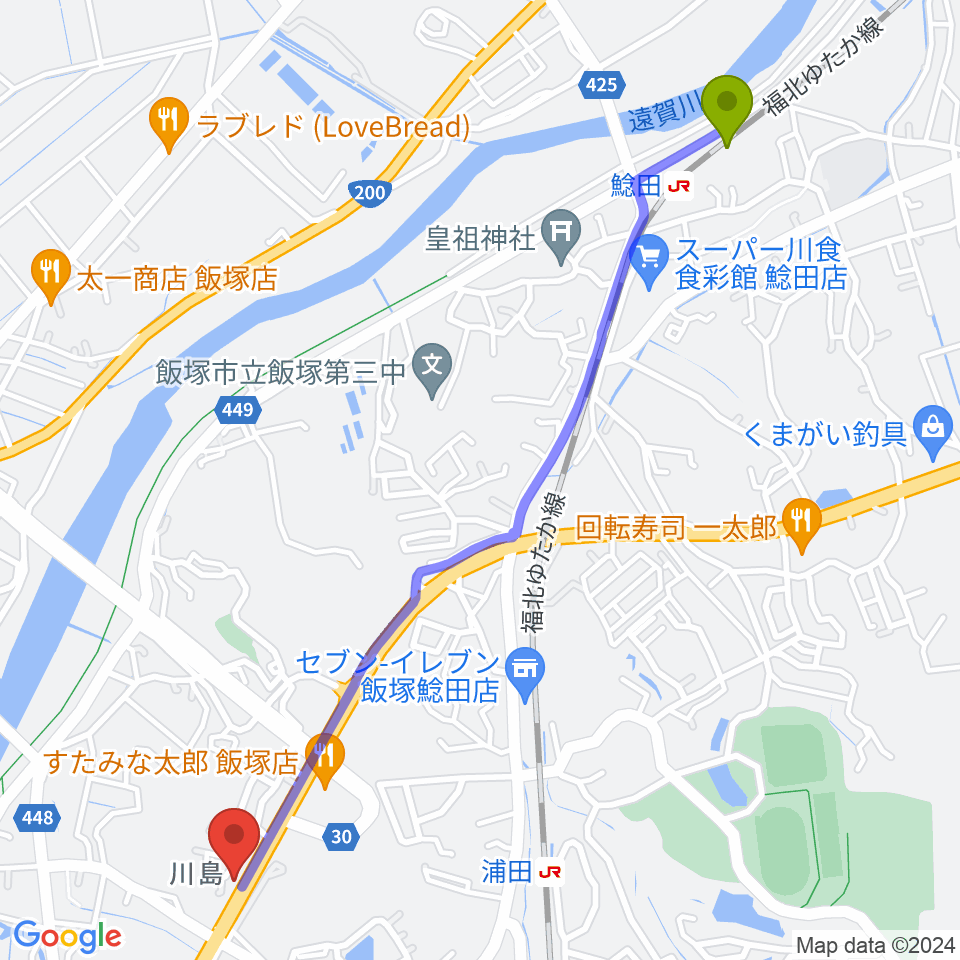鯰田駅からクラブゴーストタウンへのルートマップ地図