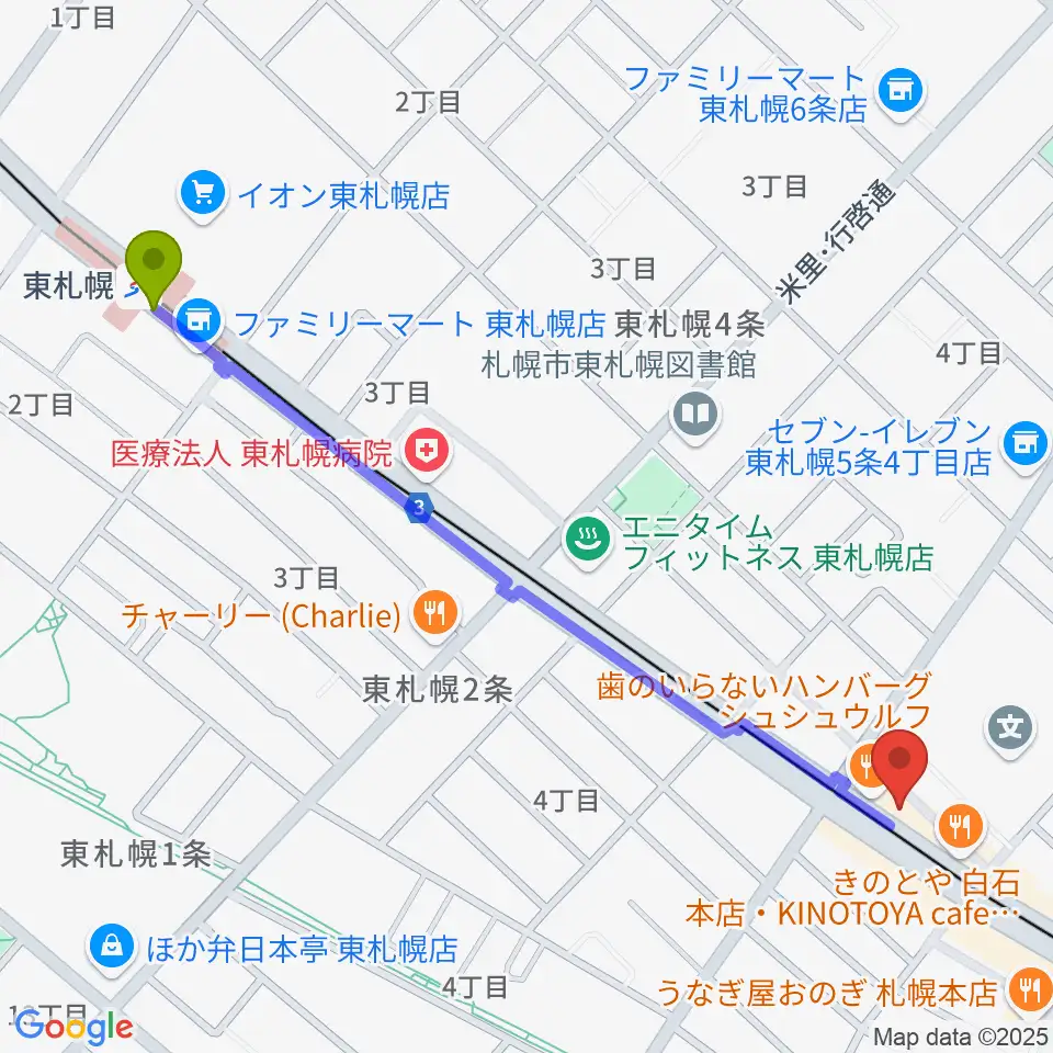 東札幌駅からmiddle Cへのルートマップ地図
