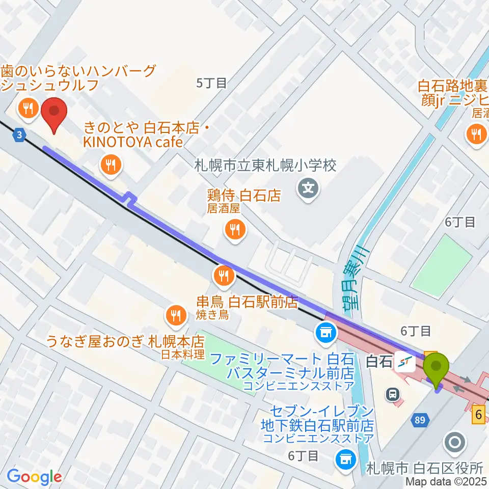 middle Cの最寄駅白石駅からの徒歩ルート（約7分）地図