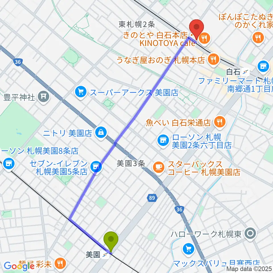 美園駅からmiddle Cへのルートマップ地図