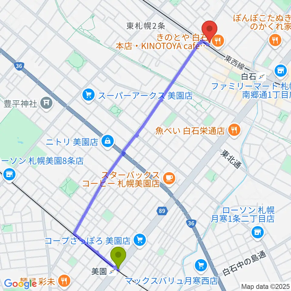 美園駅からmiddle Cへのルートマップ地図