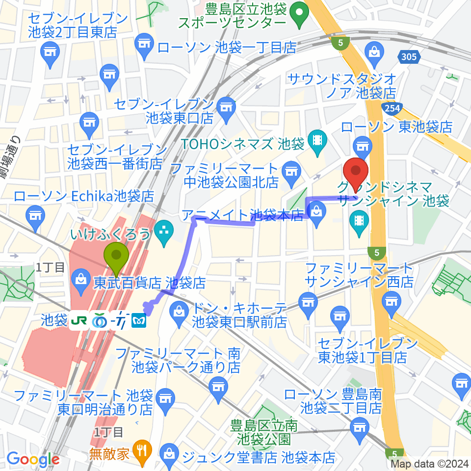 スタジオシグナルの最寄駅池袋駅からの徒歩ルート（約8分）地図