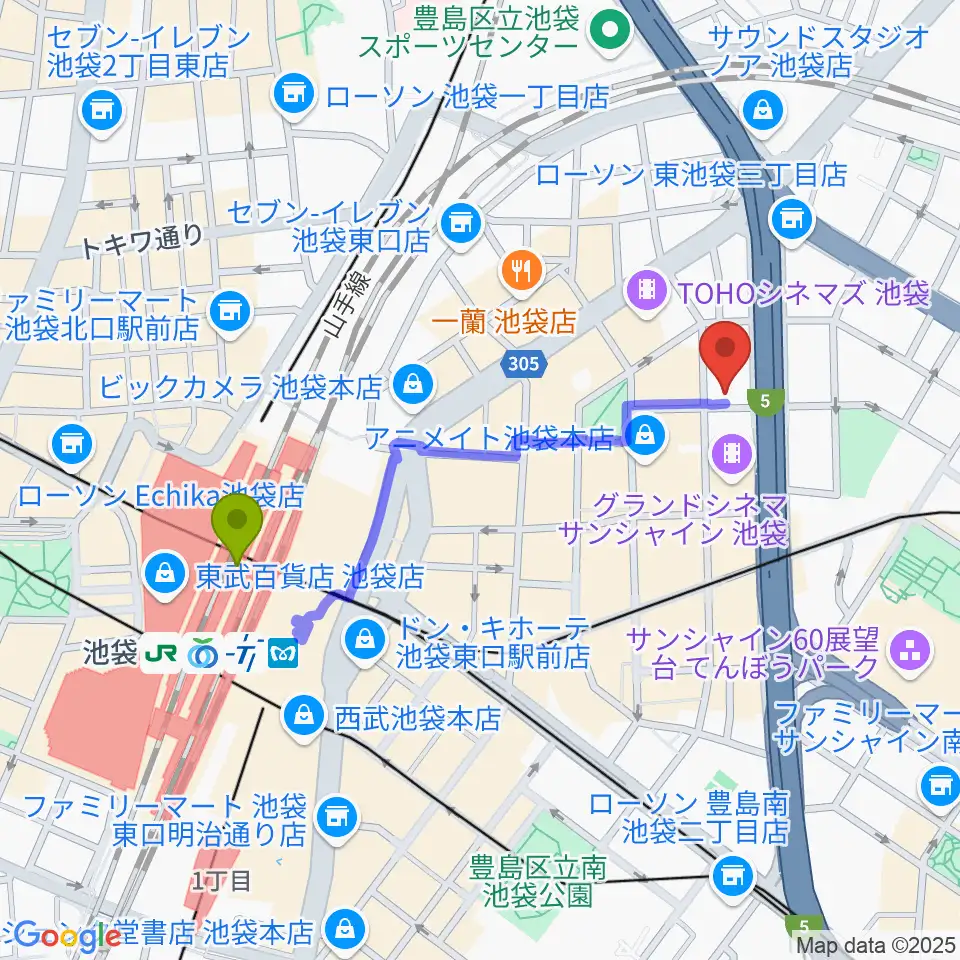 スタジオシグナルの最寄駅池袋駅からの徒歩ルート（約8分）地図