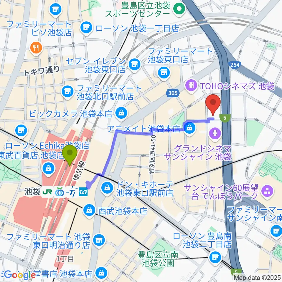 スタジオシグナルの最寄駅池袋駅からの徒歩ルート（約8分）地図