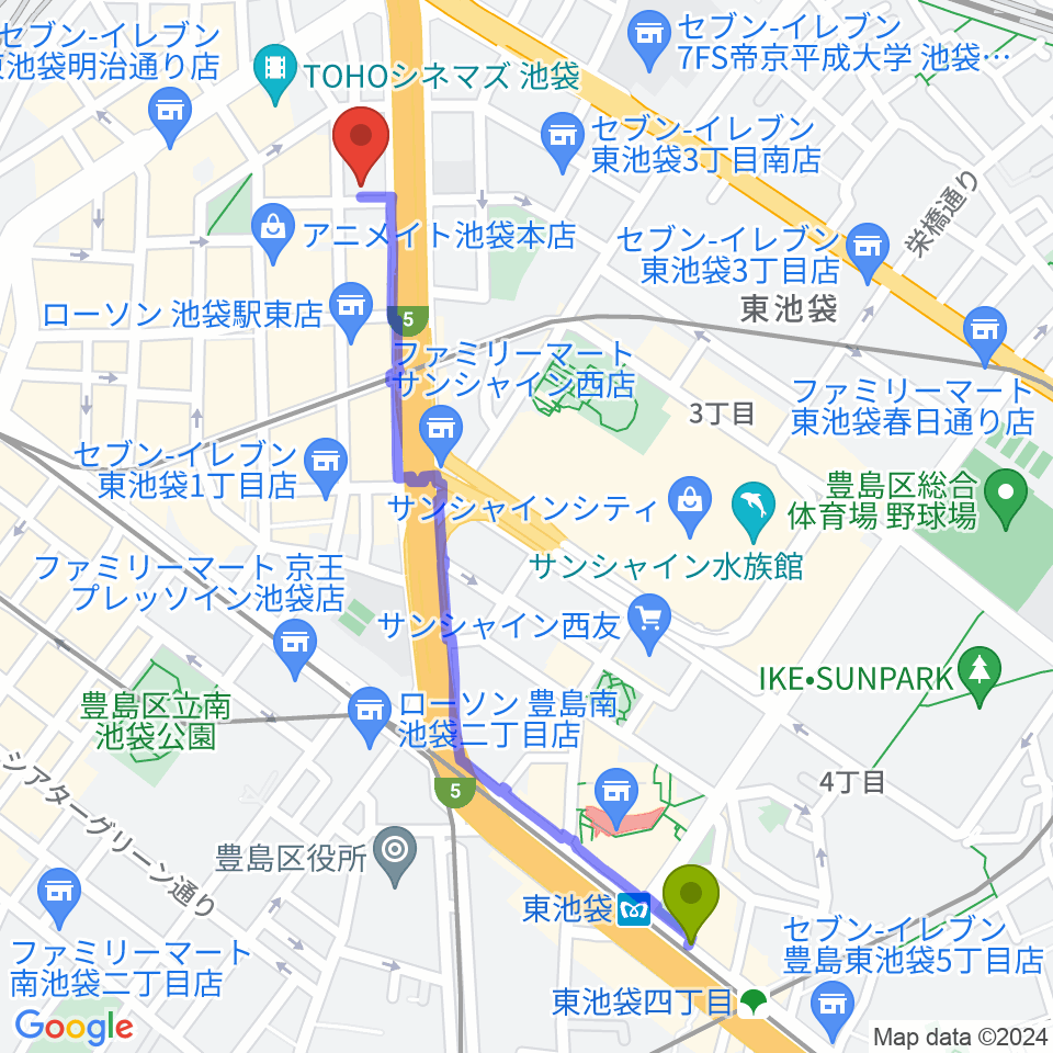 東池袋駅からスタジオシグナルへのルートマップ地図