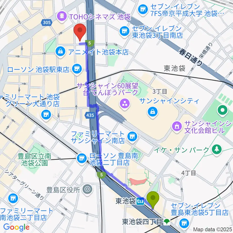 東池袋駅からスタジオシグナルへのルートマップ地図