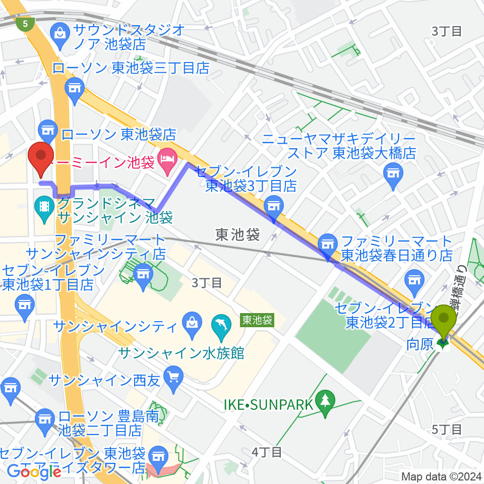 向原駅からスタジオシグナルへのルートマップ地図