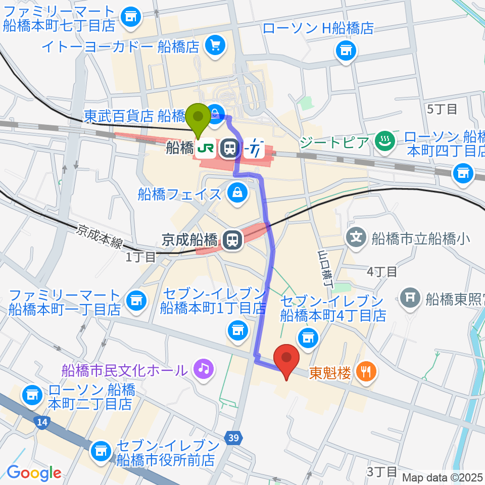 スタジオパックス船橋店の最寄駅船橋駅からの徒歩ルート（約8分）地図