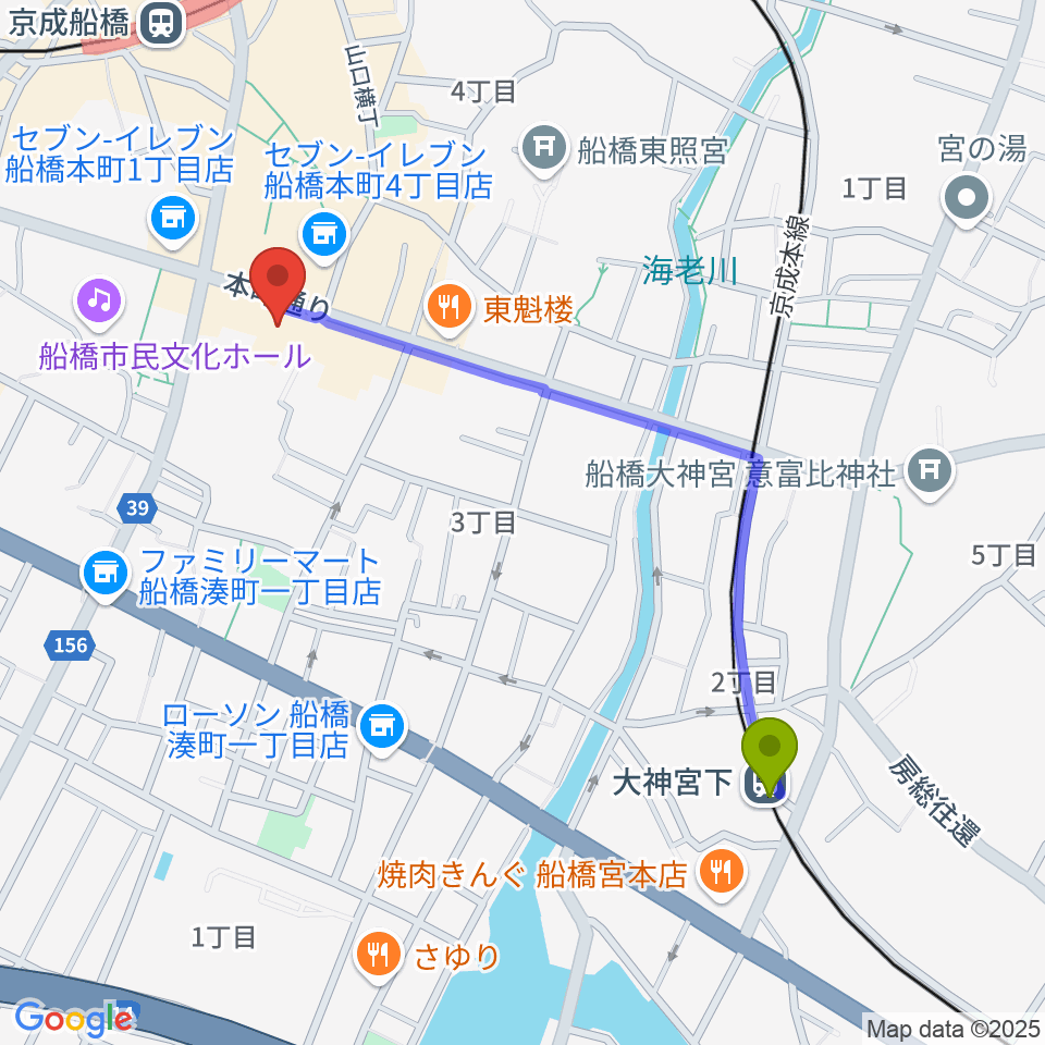 大神宮下駅からスタジオパックス船橋店へのルートマップ地図