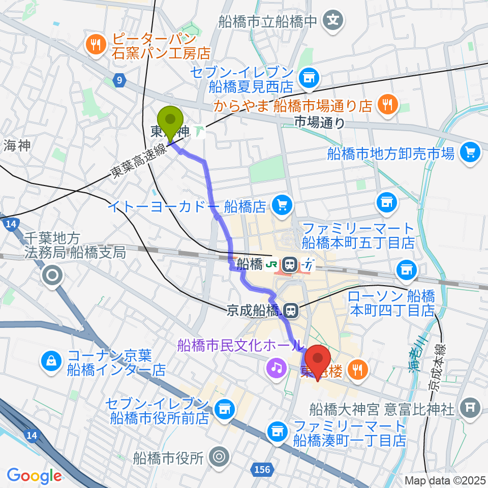 東海神駅からスタジオパックス船橋店へのルートマップ地図