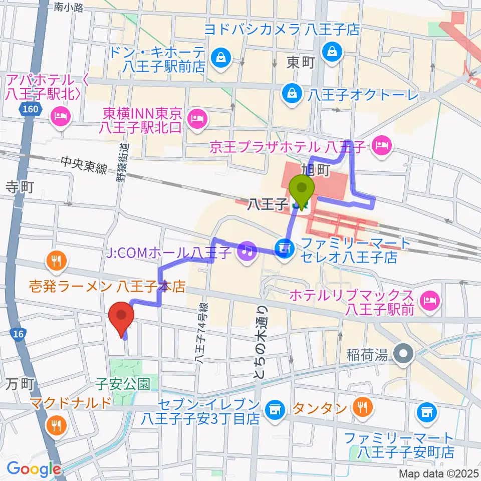 Ai Music Academyの最寄駅八王子駅からの徒歩ルート（約7分）地図