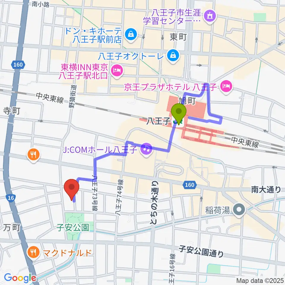 Ai Music Academyの最寄駅八王子駅からの徒歩ルート（約7分）地図