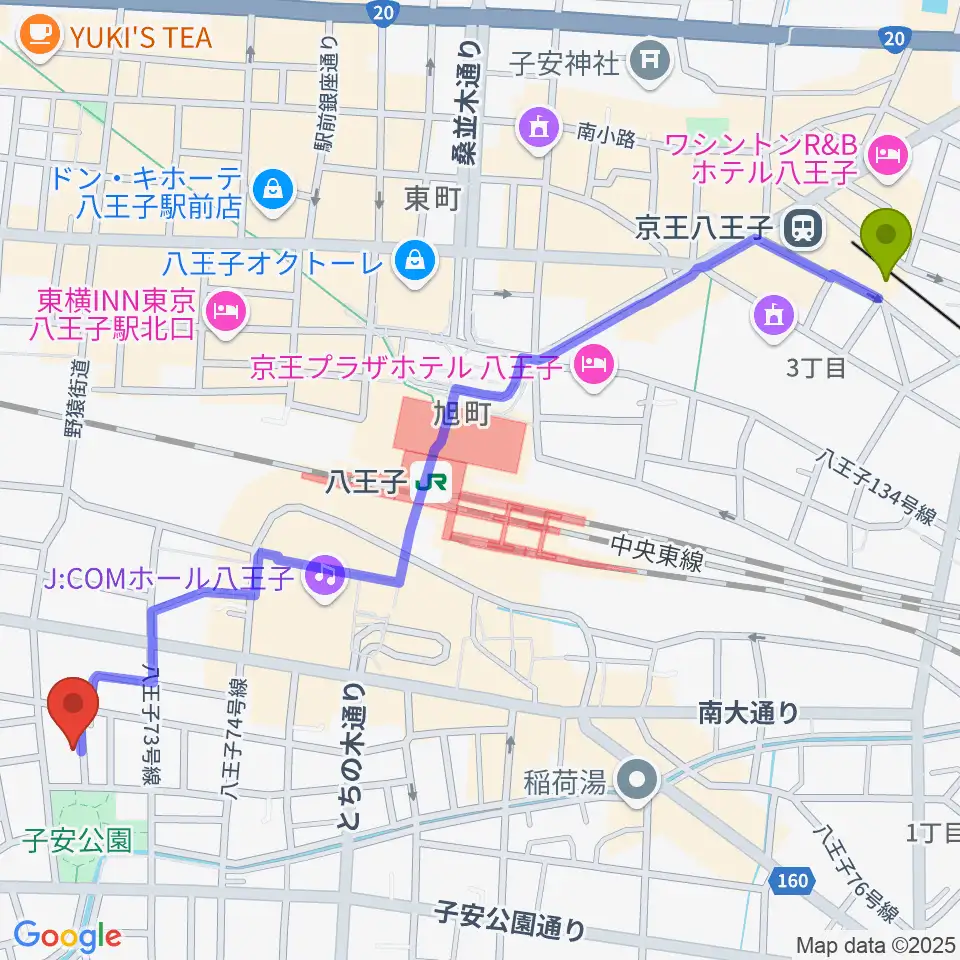 京王八王子駅からAi Music Academyへのルートマップ地図
