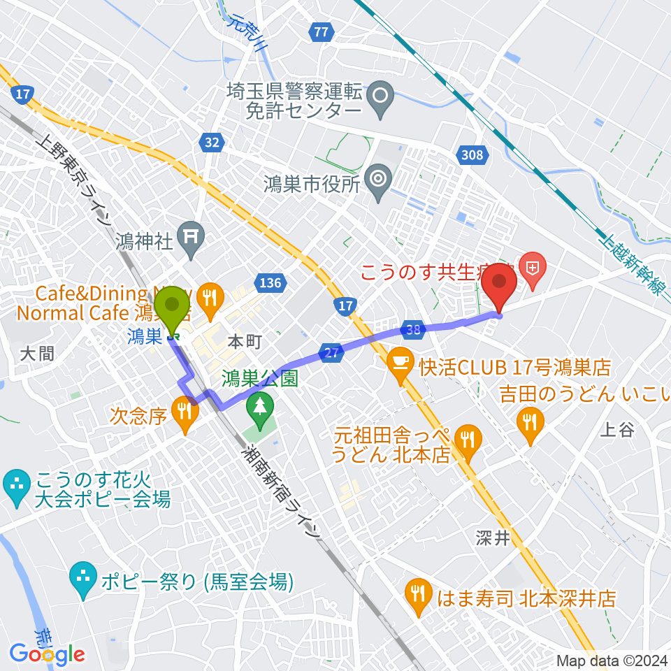 サウンドステアの最寄駅鴻巣駅からの徒歩ルート（約30分）地図