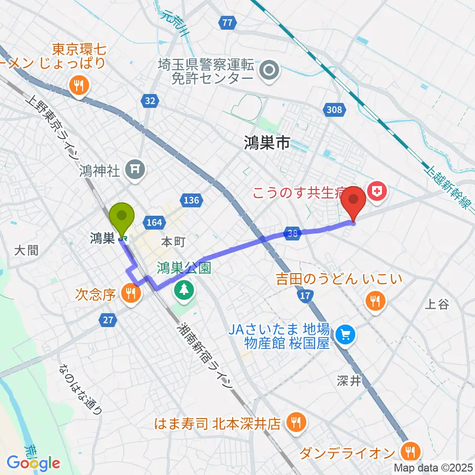 サウンドステアの最寄駅鴻巣駅からの徒歩ルート（約30分）地図