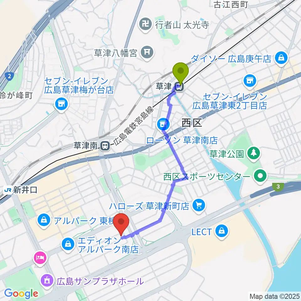 草津駅からMUSIC STUDIO HIVEへのルートマップ地図